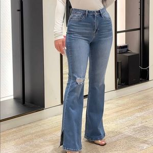 High Waist Distress Stretch Denim Flare Jeans